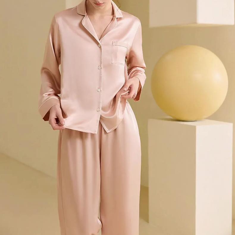 Women's Luxury Silk Pajama Set – Elegant Long-Sleeve Sleepwear & Loungewear