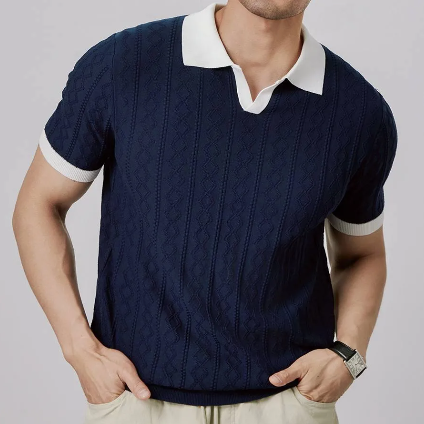 Cool Touch Men's Polo Shirt – Jacquard V-Neck Color Contrast Design