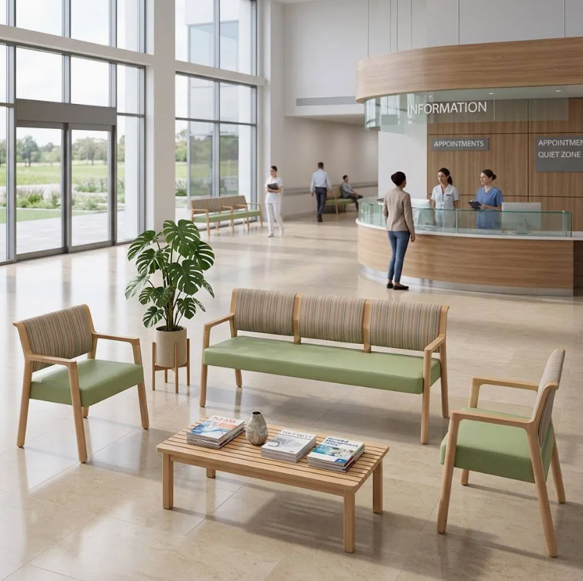 3-Seater Hospital Waiting Room Bench – Wooden Healthcare Reception & Clinic Seating