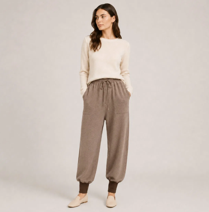 Women's Soft Knit Taupe Aladdin Lounge Pants – Cashmere-Feel with Contrast Brown Ribbed Cuffs