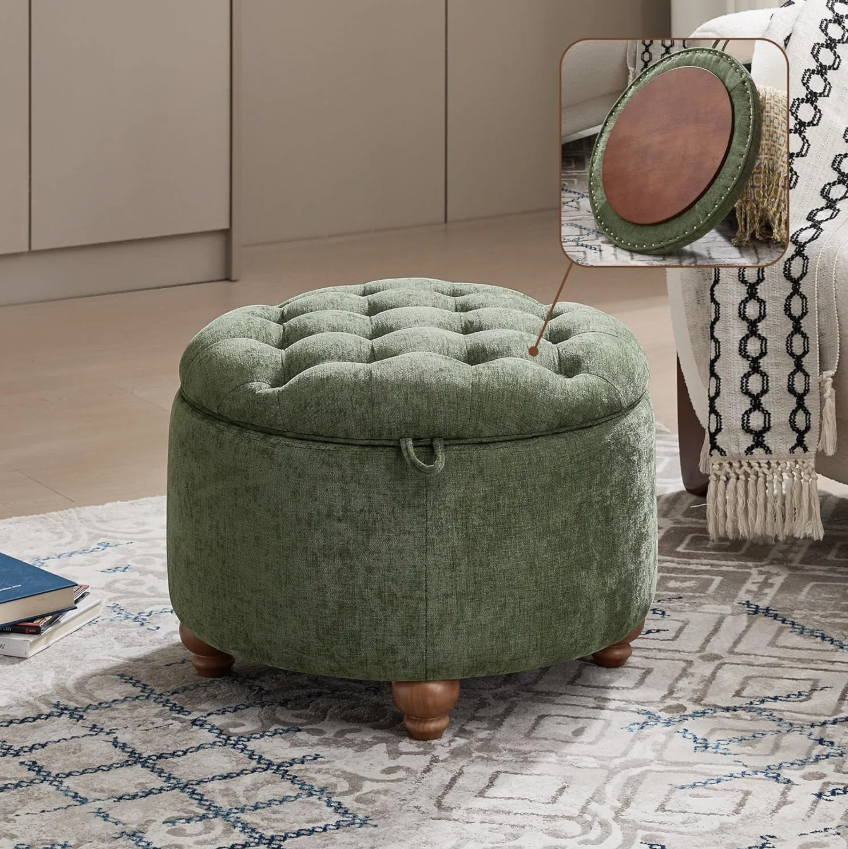 24-Inch Round Storage Ottoman with Tray – Multifunctional Living Room & Bedroom Accent Furniture